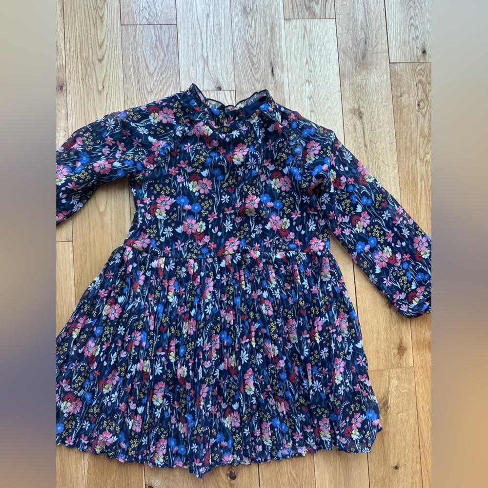 Mayoral Navy Floral Pleated Long-Sleeve Dress